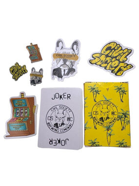 Civil Society Brewing Company Collectible Lot of Pins, Stickers, Playing Cards